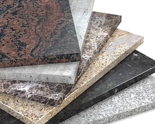 Palette of marble granite samples on white background.